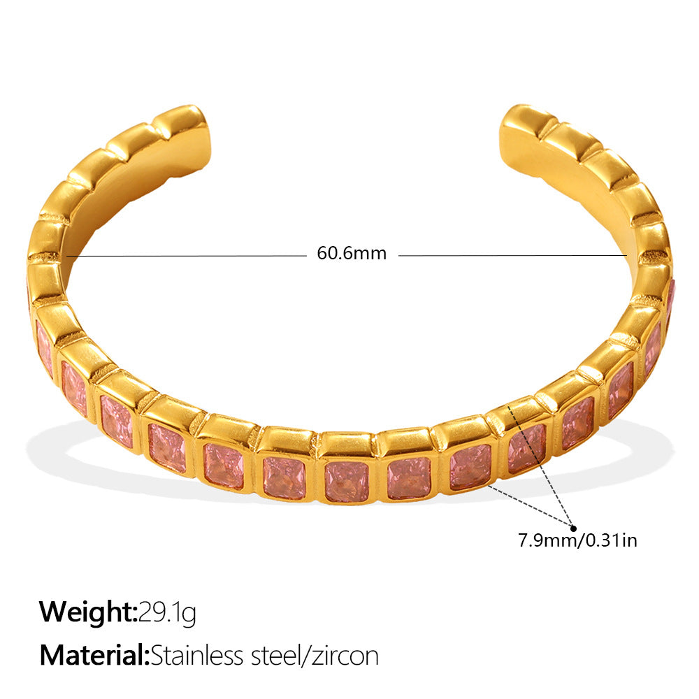 Light Luxury Vintage Style Open Bracelet With Multi-color Zircon, Stainless Steel, Stackable And Versatile C-shaped Bracelet. null Light Luxury Zircon C Bracelet