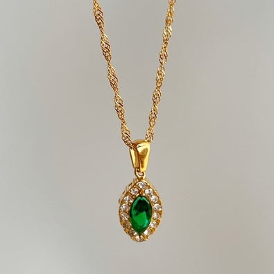 Olive Shaped Horse Eye Zircon Full Drill Titanium Steel Necklace null Olive shaped horse eye zircon necklace in titanium steel