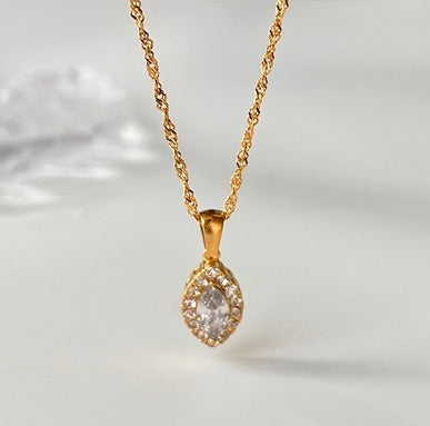 Olive Shaped Horse Eye Zircon Full Drill Titanium Steel Necklace null Olive shaped horse eye zircon necklace in titanium steel