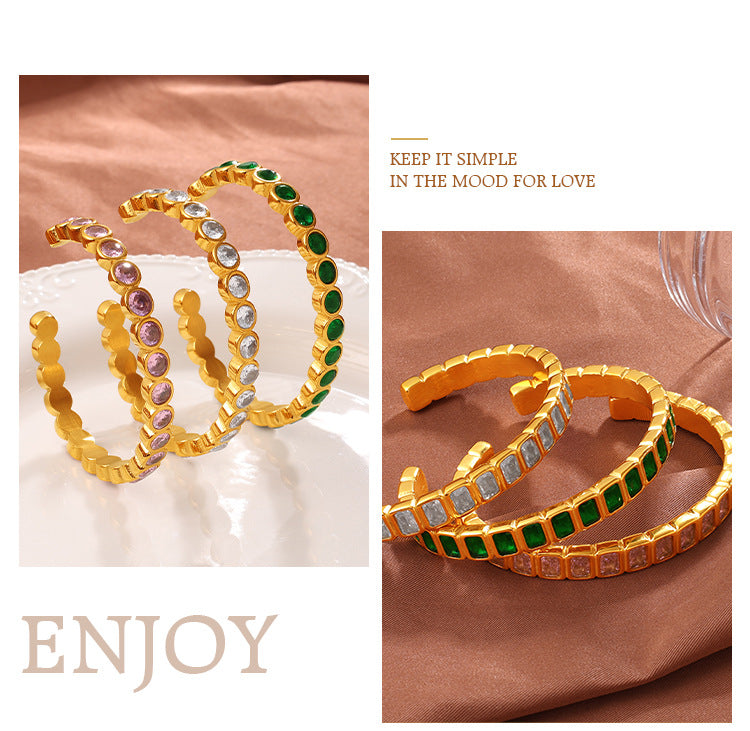 Light Luxury Vintage Style Open Bracelet With Multi-color Zircon, Stainless Steel, Stackable And Versatile C-shaped Bracelet. null Light Luxury Zircon C Bracelet