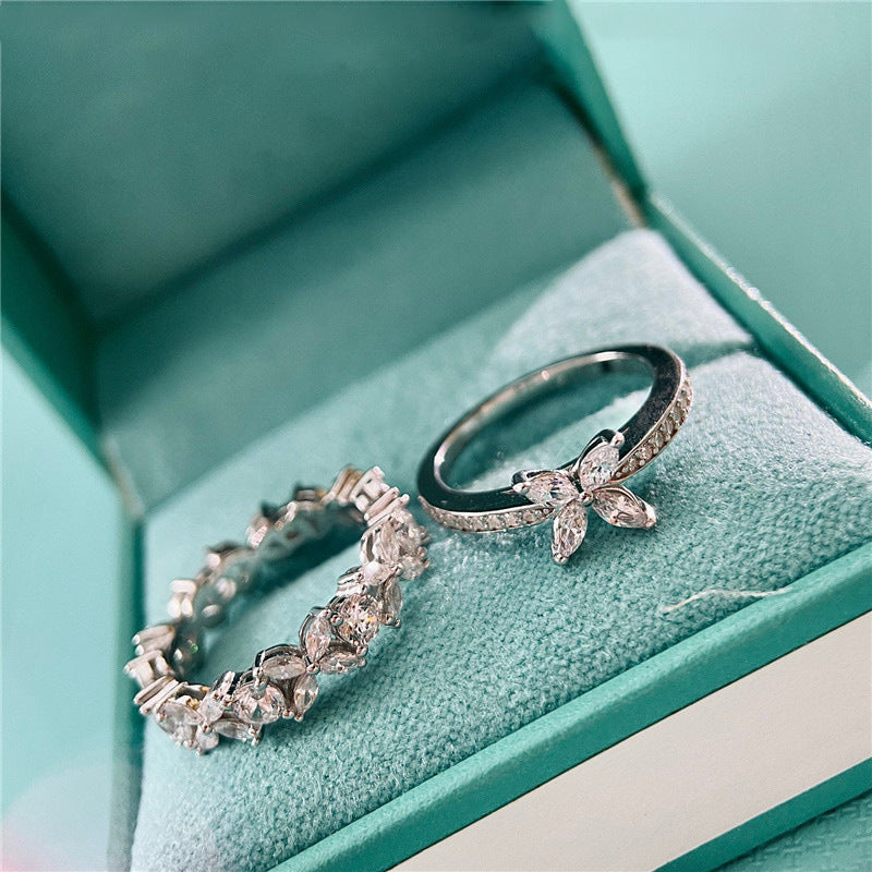Leaf And Horse-eye Ring For Women Fashionable Fully Paved With Diamonds null Leaf Horse-eye Diamond Ring 
